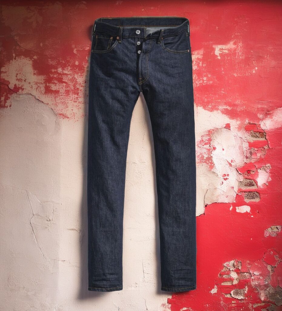 Levi's 501 Original Shrink-to-Fit jeans in raw indigo selvedge denim, front and back flat lay on polished concrete