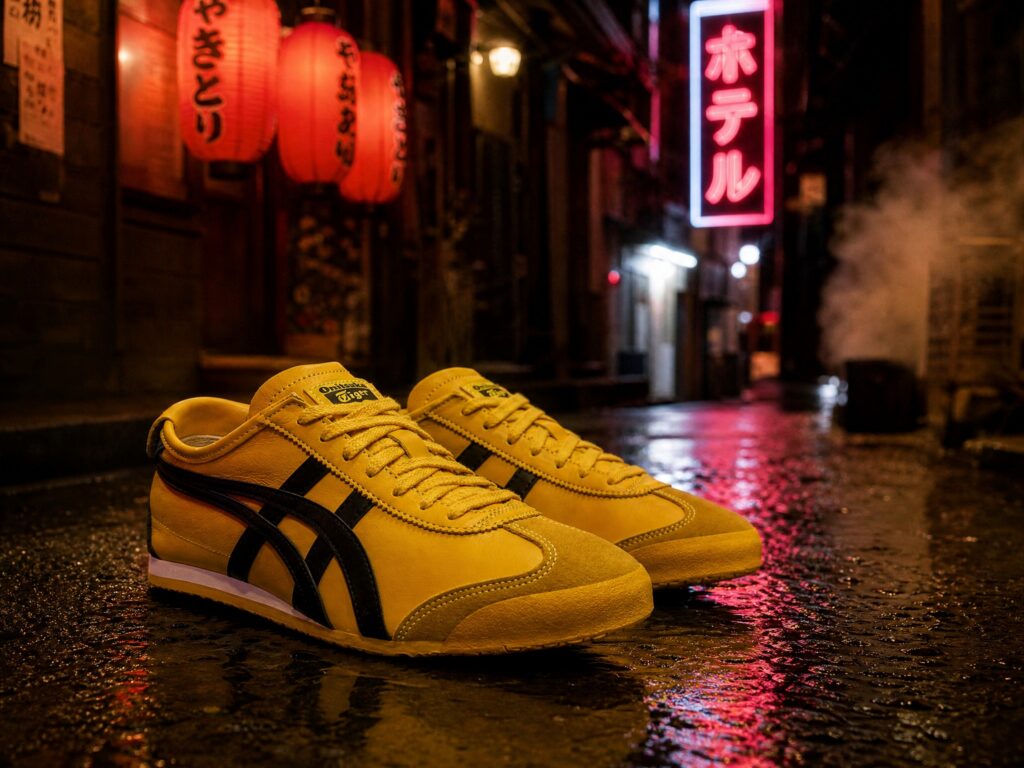 Onitsuka Tiger Mexico 66 yellow and black shoes on wet asphalt in a Tokyo back-alley at night