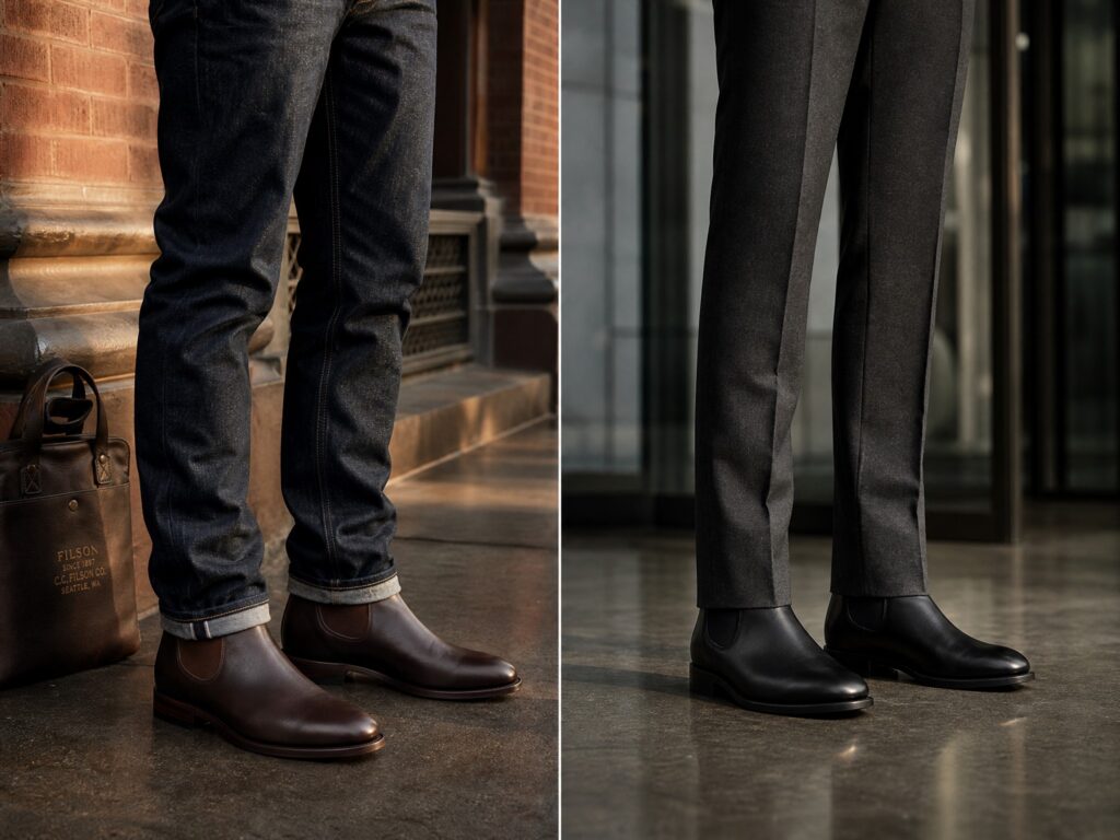 RM Williams Craftsman boots in chestnut and black, worn waist-down with Levi's 501 jeans and wool trousers on Manhattan concrete