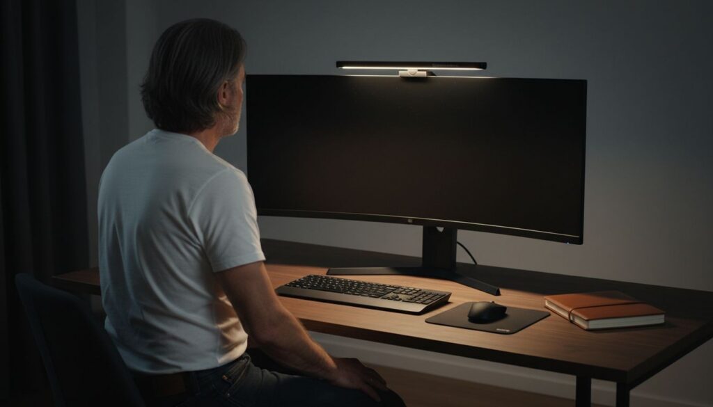 BenQ ScreenBar Halo 2 monitor light bar mounted on curved ultrawide monitor
