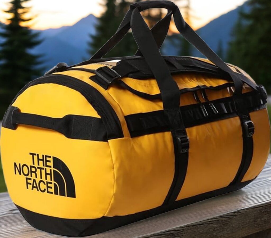 North Face Base Camp duffel bag on hotel marble floor