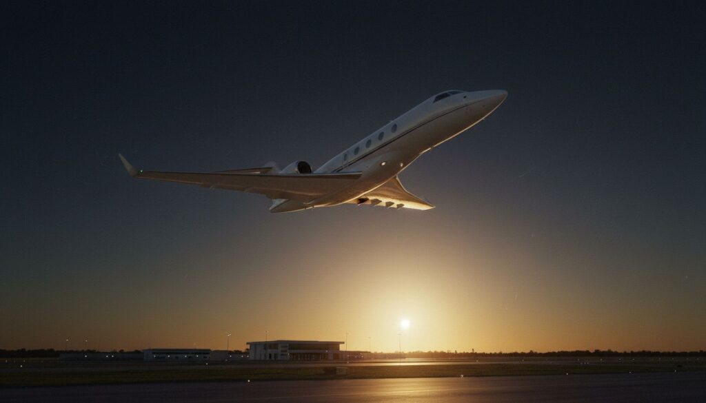 Sleek white private jet climbing steeply into a deep gold and navy morning sky just after takeoff, warm sunrise light catching the fuselage against a still-dark upper sky