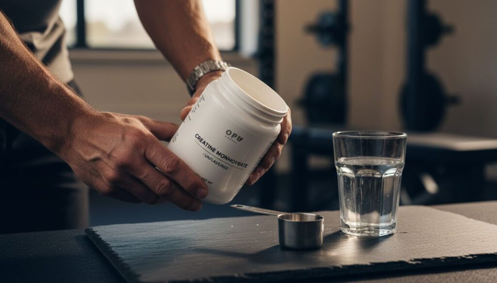 White creatine monohydrate container on dark slate gym surface, stainless measuring scoop beside it, glass of water catching morning light, weathered hands holding container open