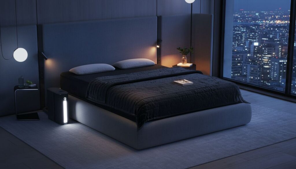 Eight Sleep Pod 5 cover on premium king size bed, bedside Hub unit glowing softly on dark timber nightstand, city lights through floor-to-ceiling window at pre-dawn, warm amber bedside lamp light