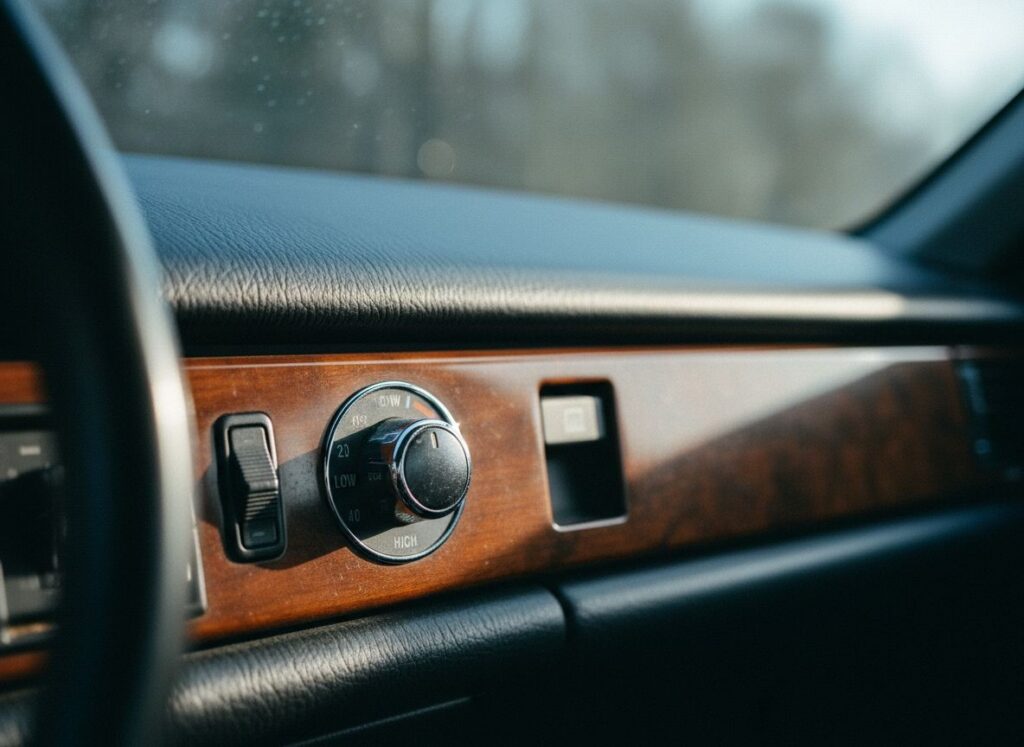 Vintage chrome rotary climate dial on matte black painted dashboard of 1980s German car, soft morning light