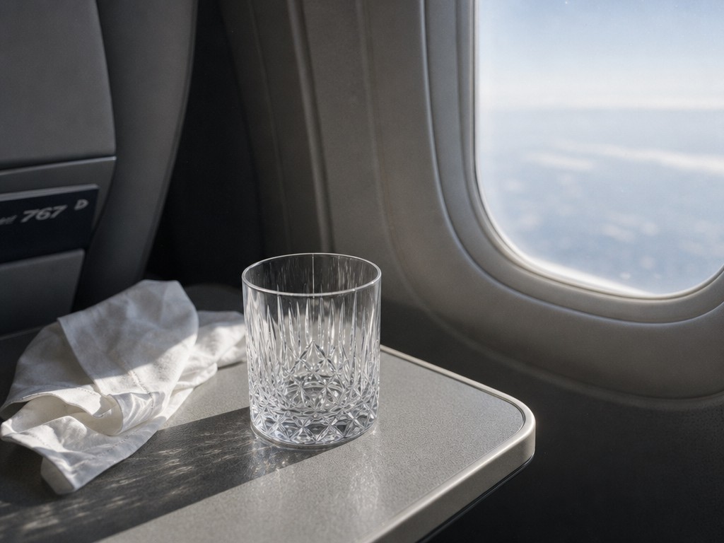 Empty crystal whisky tumbler on aircraft tray table beside oval window, soft daylight, business class cabin