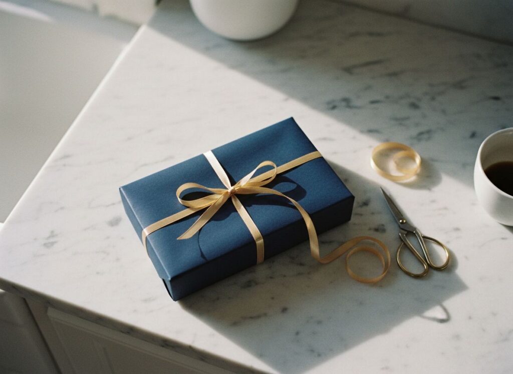 Navy gift box with thin gold ribbon on worn cream marble kitchen bench, half-drunk coffee cup and cut ribbon nearby, soft morning light