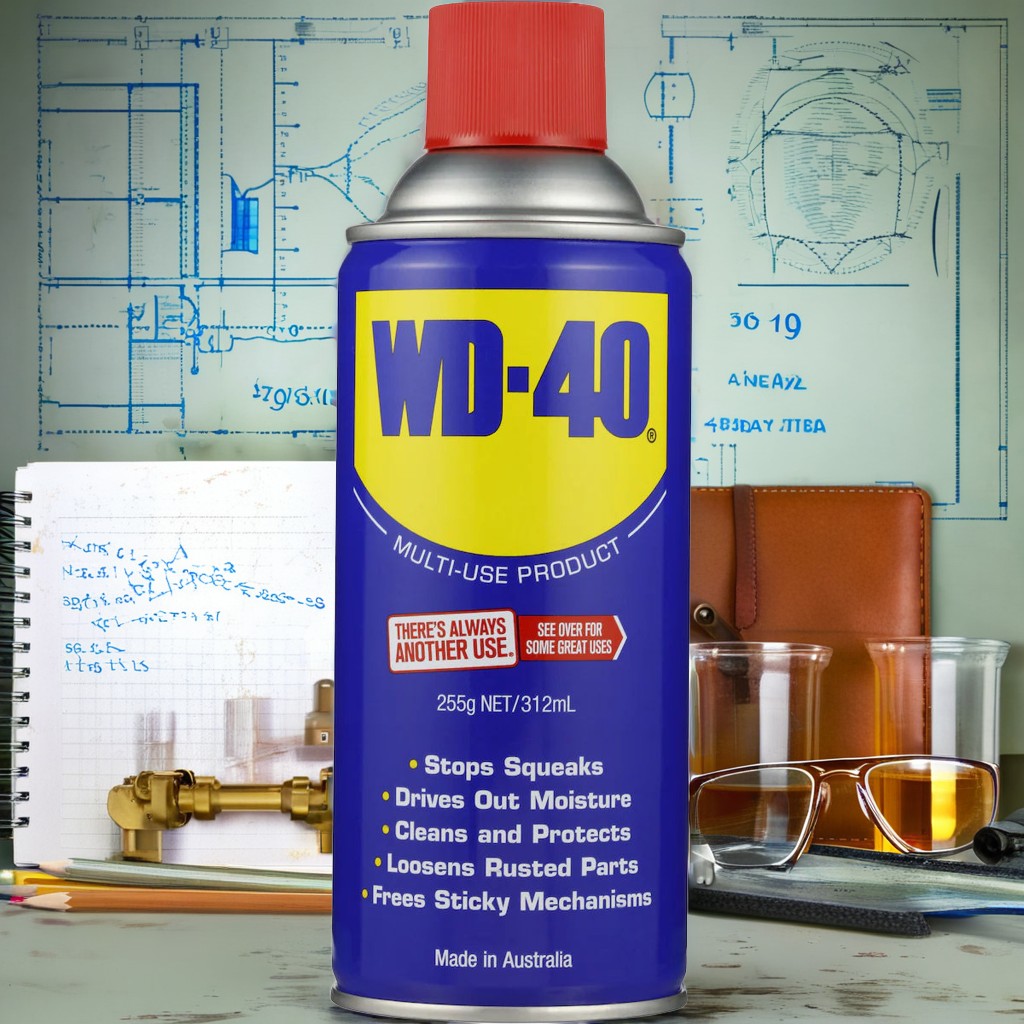 Classic WD-40 can on a 1950s aerospace workbench beside a faded missile blueprint, chalk number 40 written on the steel