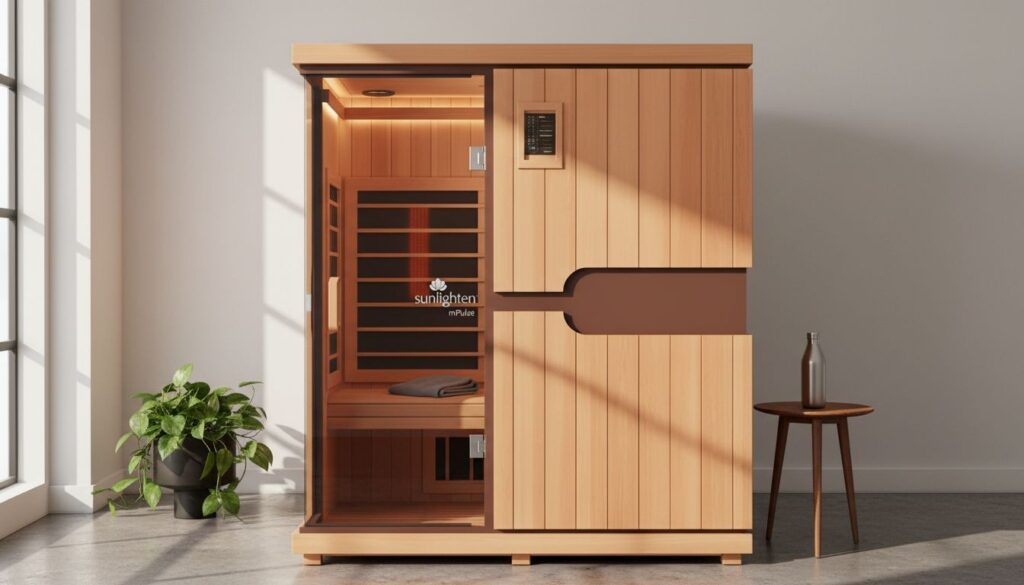 Sunlighten mPulse two-person cedar infrared sauna interior, warm amber panel glow on hemlock walls, fit silver-haired man from behind seated on bench, forearms on knees, white towel beside him