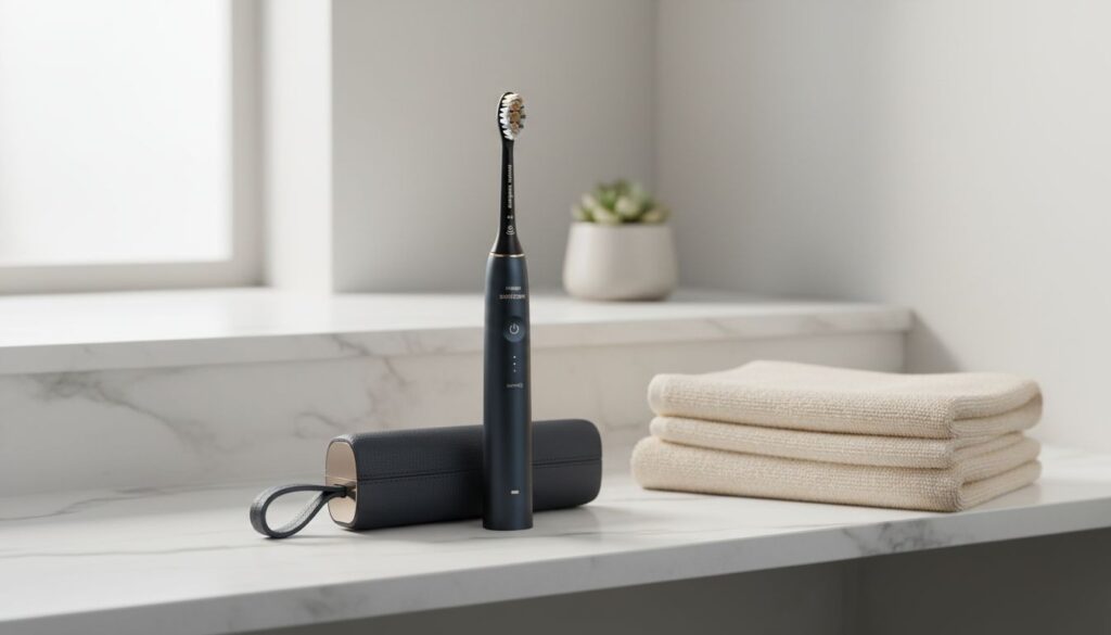 Philips Sonicare 9900 Prestige in Serene White standing in charging case on white Carrara marble bathroom shelf, soft morning light from left, white towel and small plant beside it