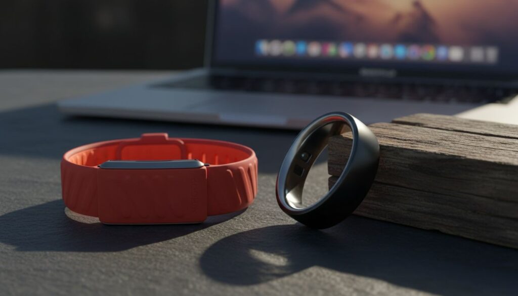 Whoop 4.0 wristband and Oura Ring Gen 4 silver ring side by side on dark slate surface, morning light from left, MacBook softly out of focus in background