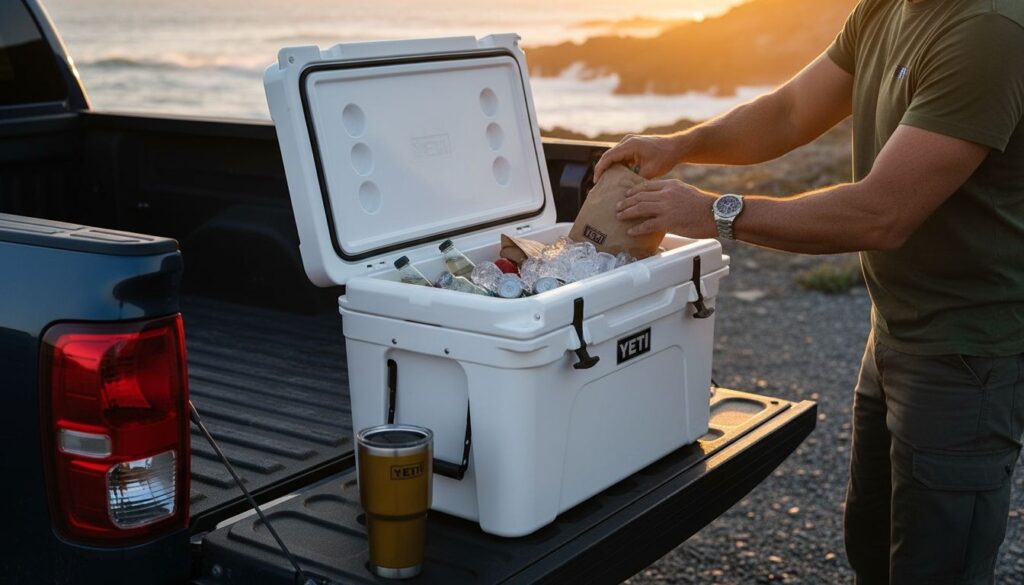 Yeti Tundra 45 white cooler on truck tailgate at golden hour, stainless T-bar latches visible, ocean coastline in background