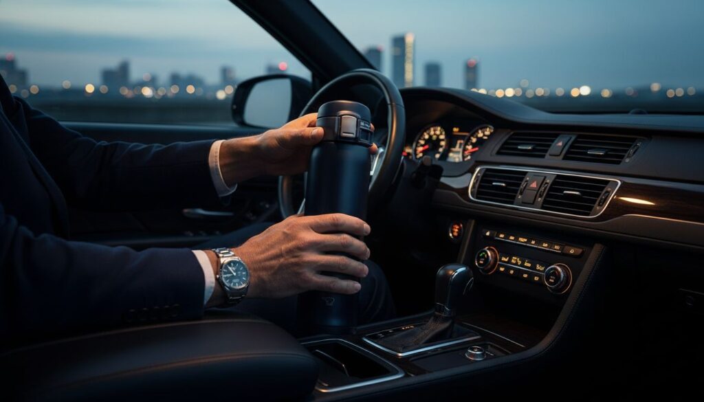 Zojirushi SM-SF stainless travel mug on dark vehicle interior seat, pre-dawn dashboard light, hand reaching to pick it up